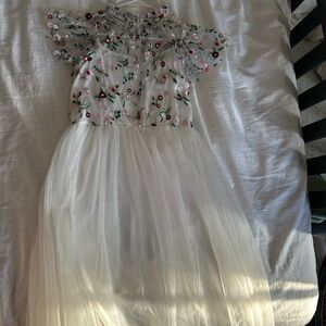 White Floral Embroidered Tulle Party Dress